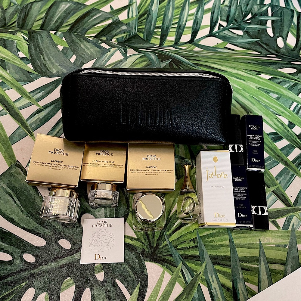 dior bundle set 2 lipsticks deluxe j’adore perfume 3 dior prestige skincare bag